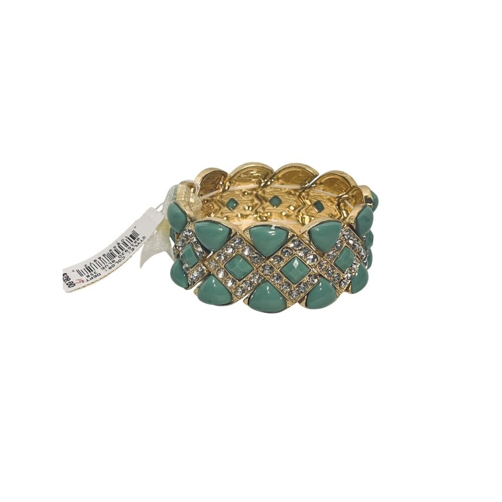 Gold Tone, Clear Rhinestones And Aqua Blue Cabochons Bracelet (6240) - Picture 2 of 5